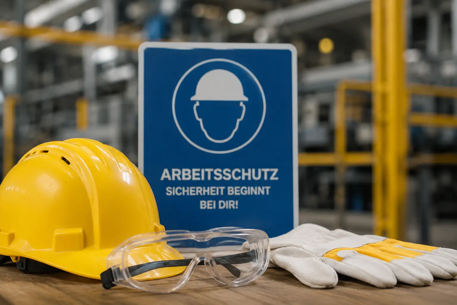 Gelber Schutzhelm, Schutzbrille und Arbeitshandschuhe vor einem Schild Arbeitsschutz – Sicherheit beginnt bei dir