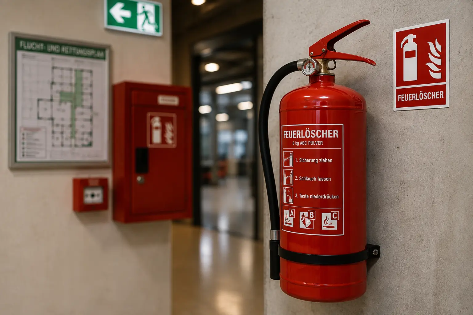 Feuerlöscher und Fluchtwegbeschilderung in einem Gebäude