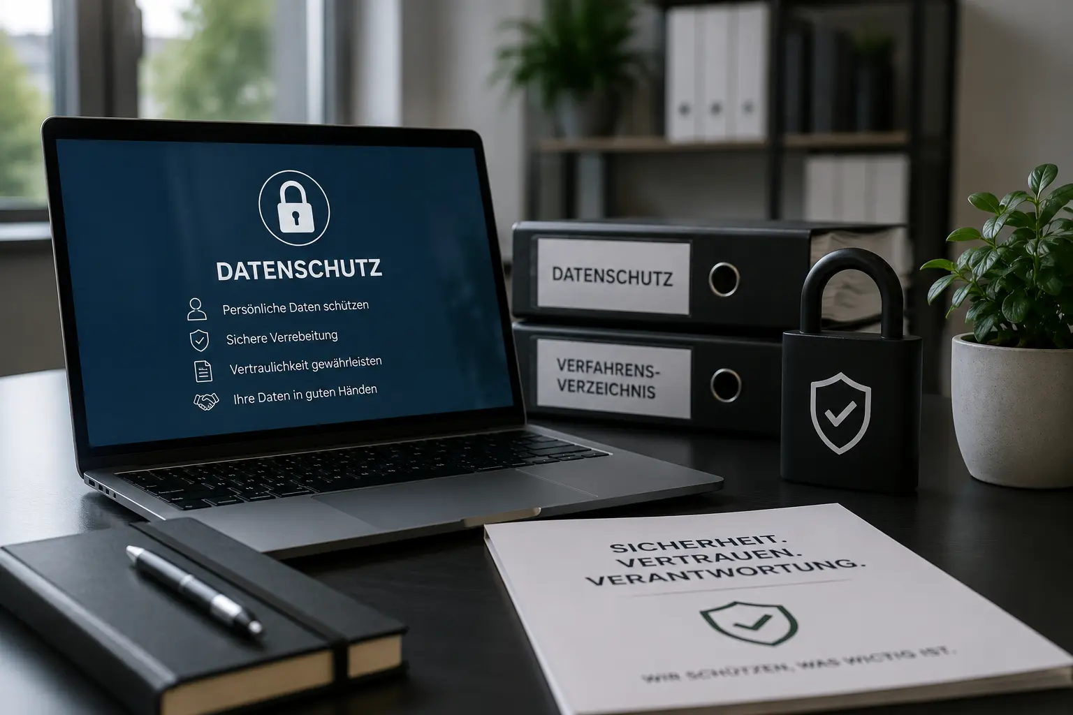 Laptop, Datenschutz-Ordner und Schloss auf einem Schreibtisch