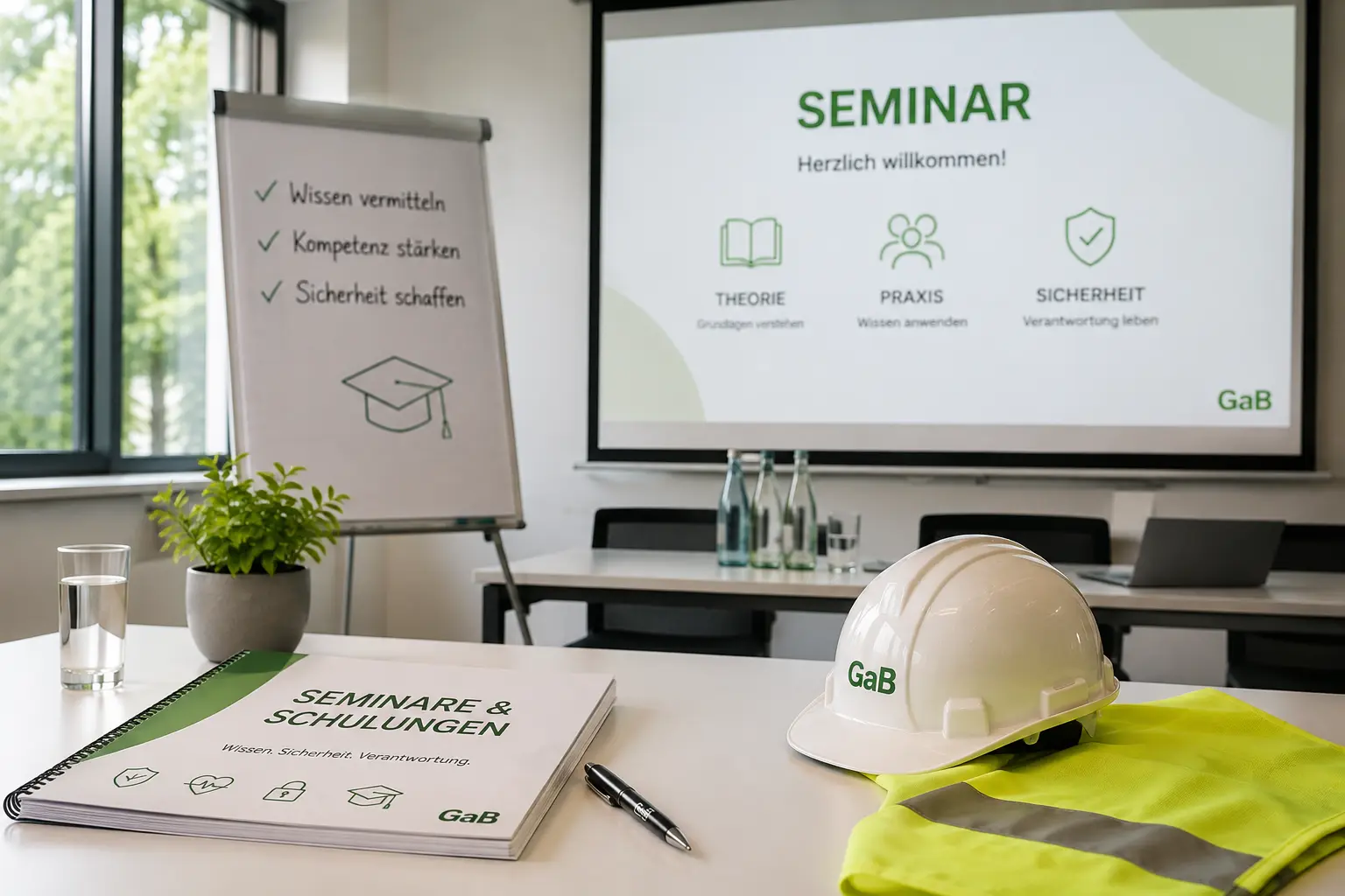 Schulungsraum mit Seminarunterlagen, Schutzhelm und Warnweste von GaB