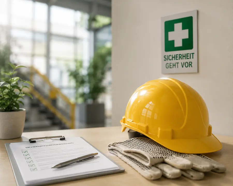 Schutzhelm, Warnweste und Unterweisungsunterlagen